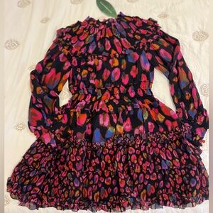 Farm Rio Iridescent Leopard Print Mini Dress With Ruffled DetailsLong SleevesNWT